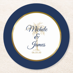 Elegante Navy-Blau-Gold-Palmen-Tropen-Hochzeit Runder Pappuntersetzer