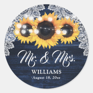 Elegante Navy Blau Holzspitze Sonnenblume Hochzeit Runder Aufkleber
