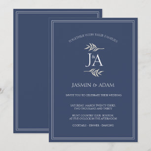 Elegante Navy-Blau-Klassische-Initialen-Hochzeit Einladung