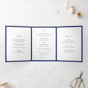 Elegante Navy-Blau-Monogramm Moderne Hochzeit Dreifach Gefaltete Einladung