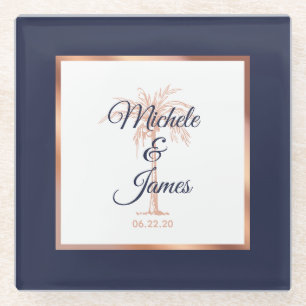 Elegante Navy-Blau-Roségold-Palmenhochzeit Glasuntersetzer