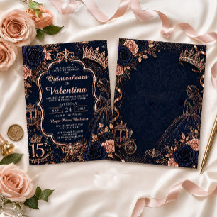 Elegante Navy Blau Rosen Gold Glitter Quinceañera Einladung