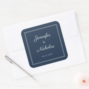 Elegante Navy Blau Schrift Hochzeit Quadratischer Aufkleber