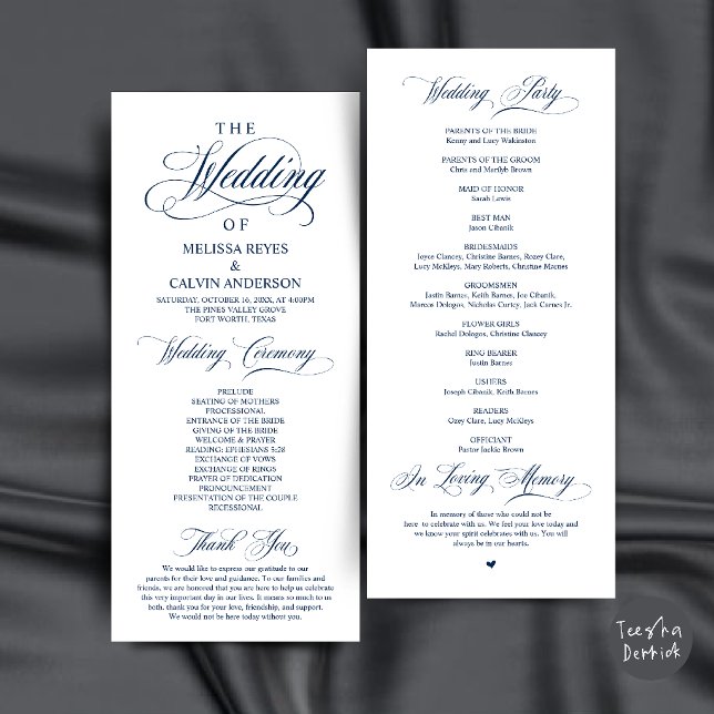 Elegante Navy-Blau-Script-Hochzeitszeremonie Programm (Elegant Navy Blue Script Wedding Ceremony Order Program Card)