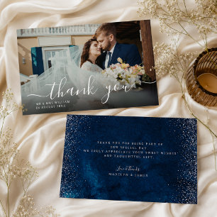 Elegante Navy-Blau Silber Glitter Hochzeit Dankeskarte