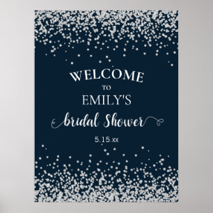 Elegante Navy-Blau Silber Konfetti Brautparty Poster