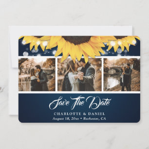 Elegante Navy-Blau-Sonnenblumen-Foto-Hochzeit Save The Date