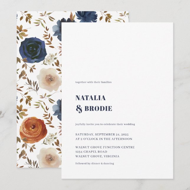 Elegante NAVY BLAU und Blumenzwiebeleinladung Einladung (Vorne/Hinten)