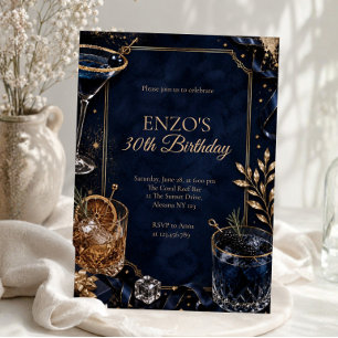 Elegante Navy-Blau und Gold Cocktail-Geburtstagsfe Einladung