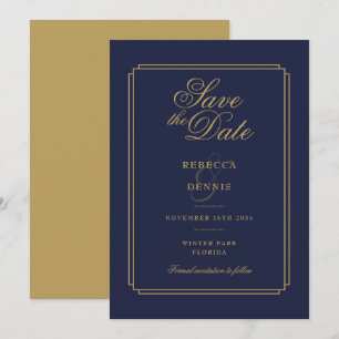 Elegante Navy Blau und Gold Schrift Art Deco Hochz Save The Date