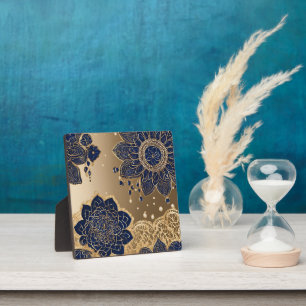 Elegante Navy-Blau und Metallic-Gold Blumen-Kunst Fotoplatte