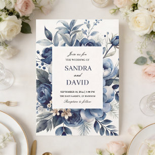 Elegante Navy-Blau und Silber Elfenbein Blumen Hoc Einladung