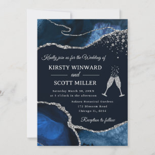 Elegante Navy Blau und Silber Glitter Achat Hochze Einladung