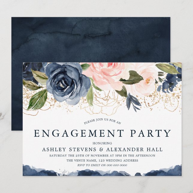 Elegante Navy Bloral Gold Blush Engagement Party Einladung (Vorne/Hinten)