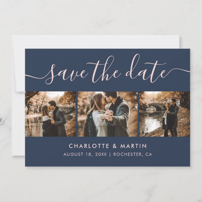 Elegante Navy Blue and Blush Foto Collage Save The Date (Vorderseite)