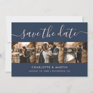 Elegante Navy Blue and Blush Foto Collage Save The Date