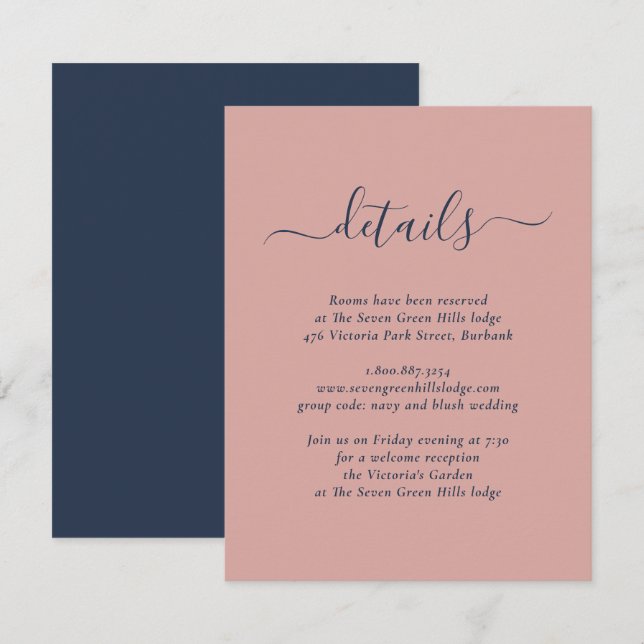 Elegante Navy Blue and Blush Hochzeitskarte Begleitkarte (Vorne/Hinten)
