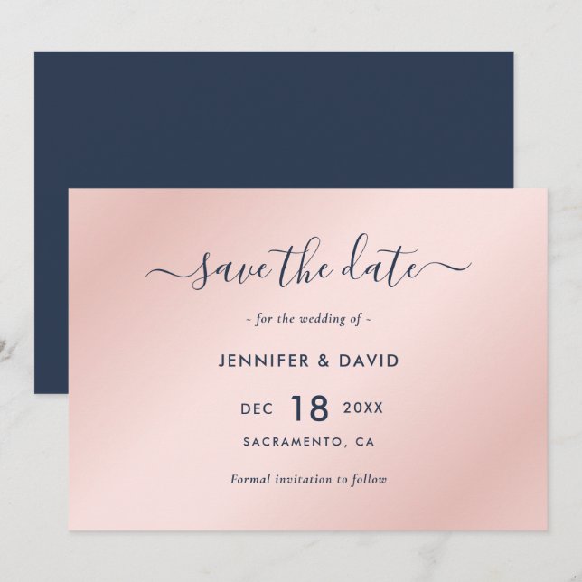 Elegante Navy Blue and Blush Wedding Save The Date (Vorne/Hinten)