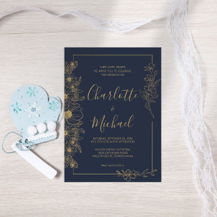 Elegante Navy Blue and Gold Floral Frame Wedding Einladung