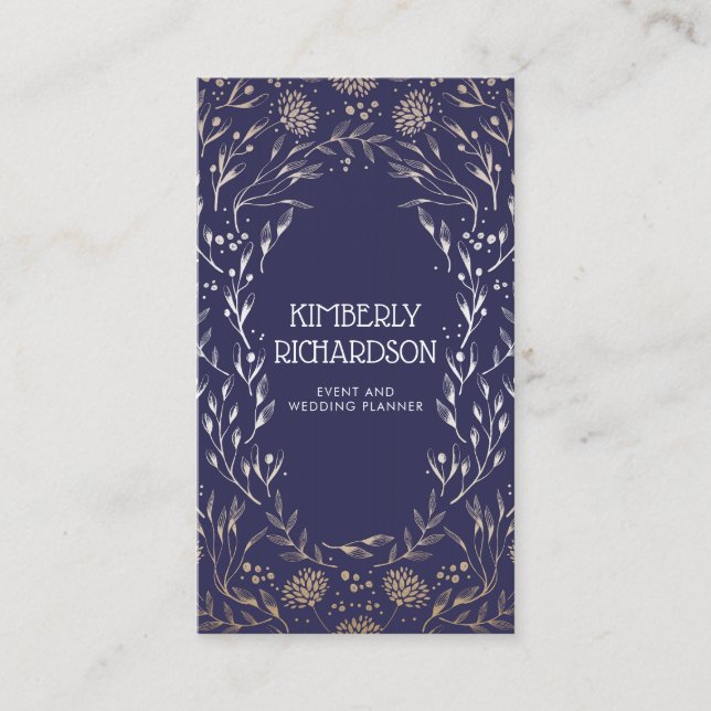 Elegante Navy Blue and Gold Foil Floral Luxury Visitenkarte (Vorderseite)
