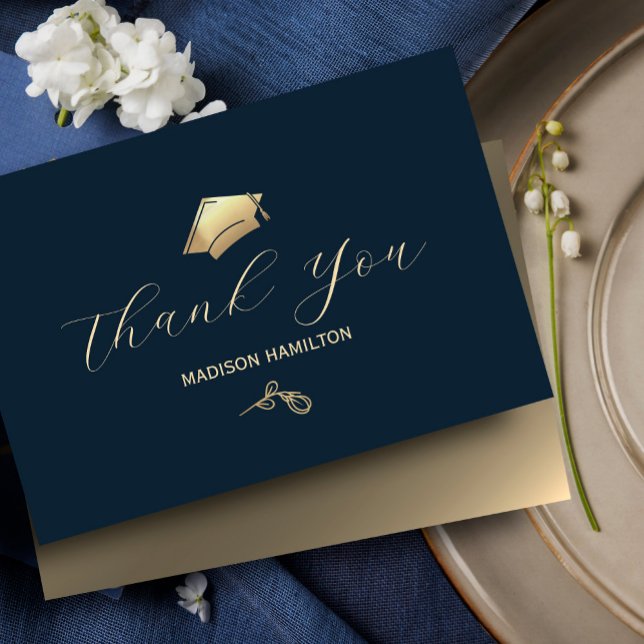 Elegante Navy Blue and Gold Graduation Party Dankeskarte (Elegant Navy Blue and Gold #thankyoucard #navyblueandgold #highschoolorcollege #goldfoil #chic)