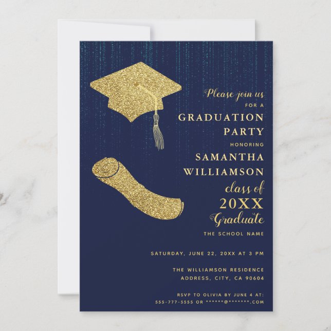 Elegante Navy Blue and Gold Graduation Party Einladung (Vorderseite)