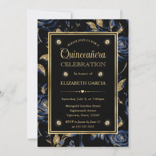 Elegante Navy Blue and Gold Rose Blumenschlucht Einladung