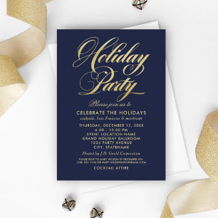 Elegante Navy Blue and Gold Script Holiday Party Einladung