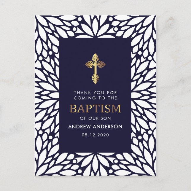 Elegante Navy Blue and Gold Taufe Vielen Dank Postkarte (Vorderseite)
