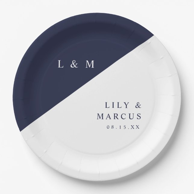 Elegante Navy Blue and White Monogram Wedding Pappteller (Vorderseite)