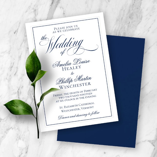 Elegante Navy Blue and White Wedding Einladung (Von Creator hochgeladen)