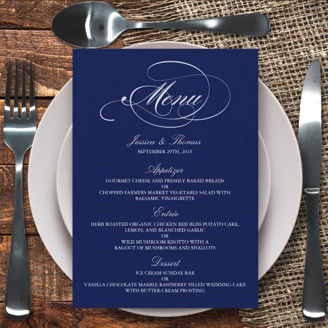 Elegante Navy Blue and White Wedding Menu Vorlagen (Von Creator hochgeladen)