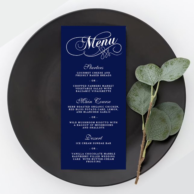 Elegante Navy Blue and White Wedding Menu Vorlagen (Von Creator hochgeladen)