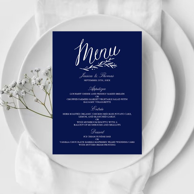 Elegante Navy Blue and White Wedding Menu Vorlagen (Von Creator hochgeladen)