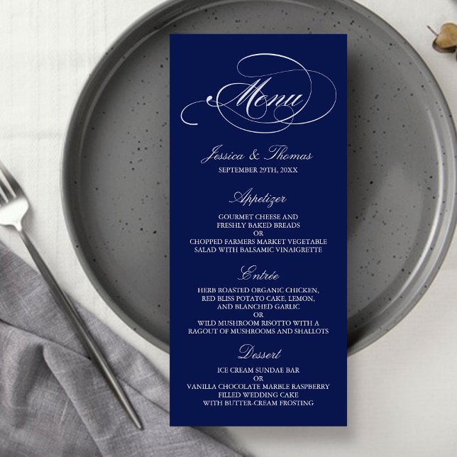 Elegante Navy Blue and White Wedding Menu Vorlagen (Von Creator hochgeladen)