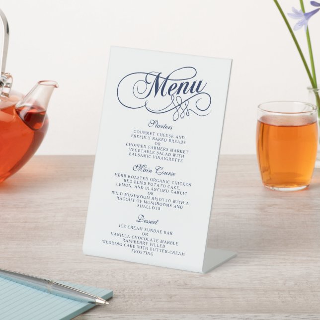 Elegante Navy Blue and White Wedding Menu Vorlagen Sockelschild (In SItu)