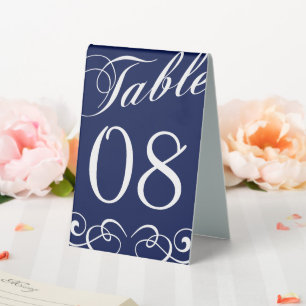 Elegante Navy Blue and White Wedding Tischnummer Tischaufsteller