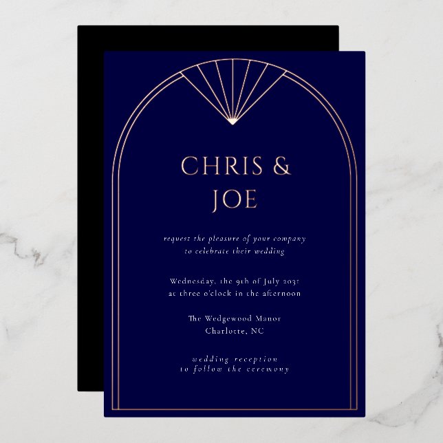 Elegante Navy Blue Art Deco Folieneinladung (Vorderseite/Rückseite)