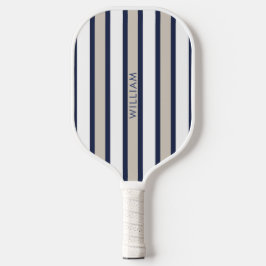 Elegante Navy Blue & Beige Streifen Personalisiert Pickleball Schläger