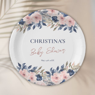 Elegante Navy Blue Blush Pink Floral Baby Dusche Pappteller