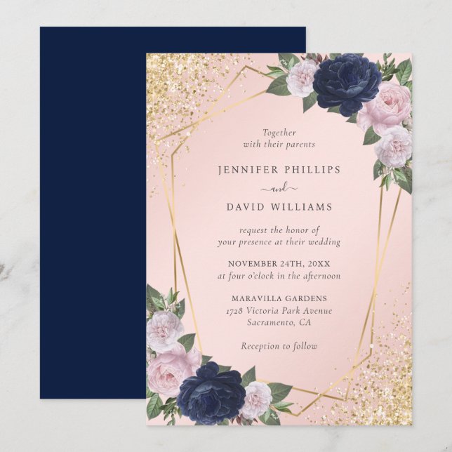 Elegante Navy Blue Blush Pink Geo Gold Wedding Einladung (Vorne/Hinten)