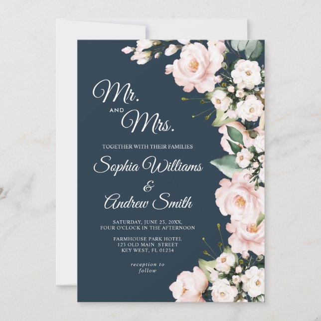 Elegante Navy Blue & Blush Rose Blume Hochzeit Einladung (Vorderseite)