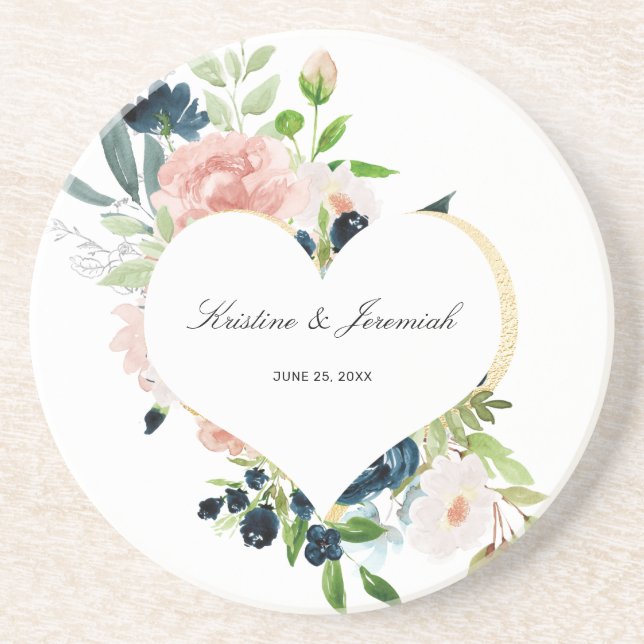 Elegante Navy Blue Blush Rose Blumenkohl Hochzeit Getränkeuntersetzer (Vorne)