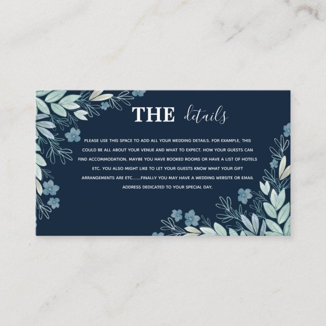 Elegante Navy Blue Botanical Details Hochzeit Begleitkarte (Vorderseite)