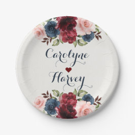 Elegante Navy Blue Burgundy Blush Blume Hochzeit Pappteller