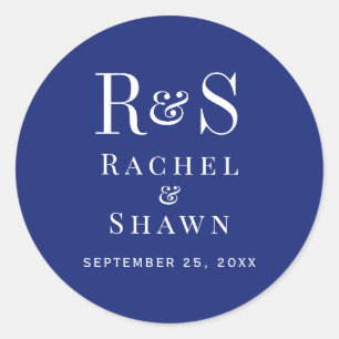 Elegante Navy Blue Chic Moderne Monogram Wedding Runder Aufkleber