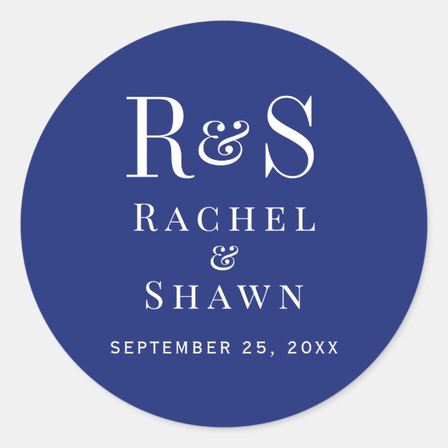 Elegante Navy Blue Chic Moderne Monogram Wedding Runder Aufkleber (Vorderseite)