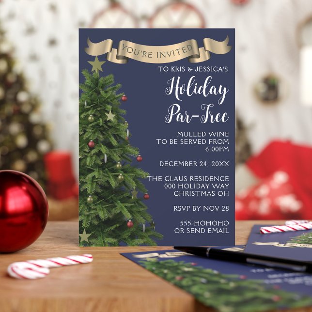 Elegante Navy Blue Christmas Tree Holiday Party Einladung (Add your holiday party details to this festive Christmas tree invitation and par-tree!)