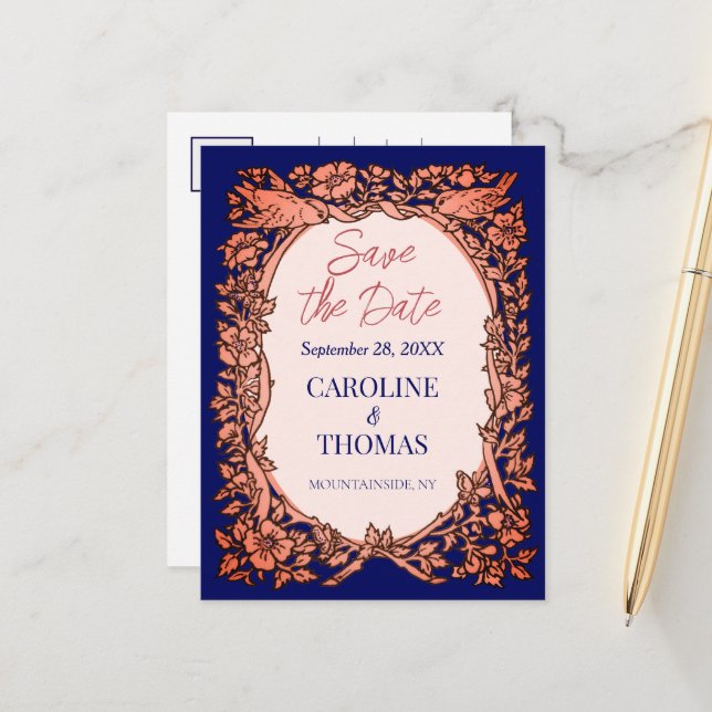 Elegante Navy Blue Copper Rose Save the Date flora Ankündigungspostkarte (Vorderseite/Rückseite Beispiel)