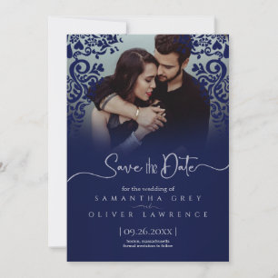 Elegante Navy Blue Damask Save the Date Fotokarte Dankeskarte